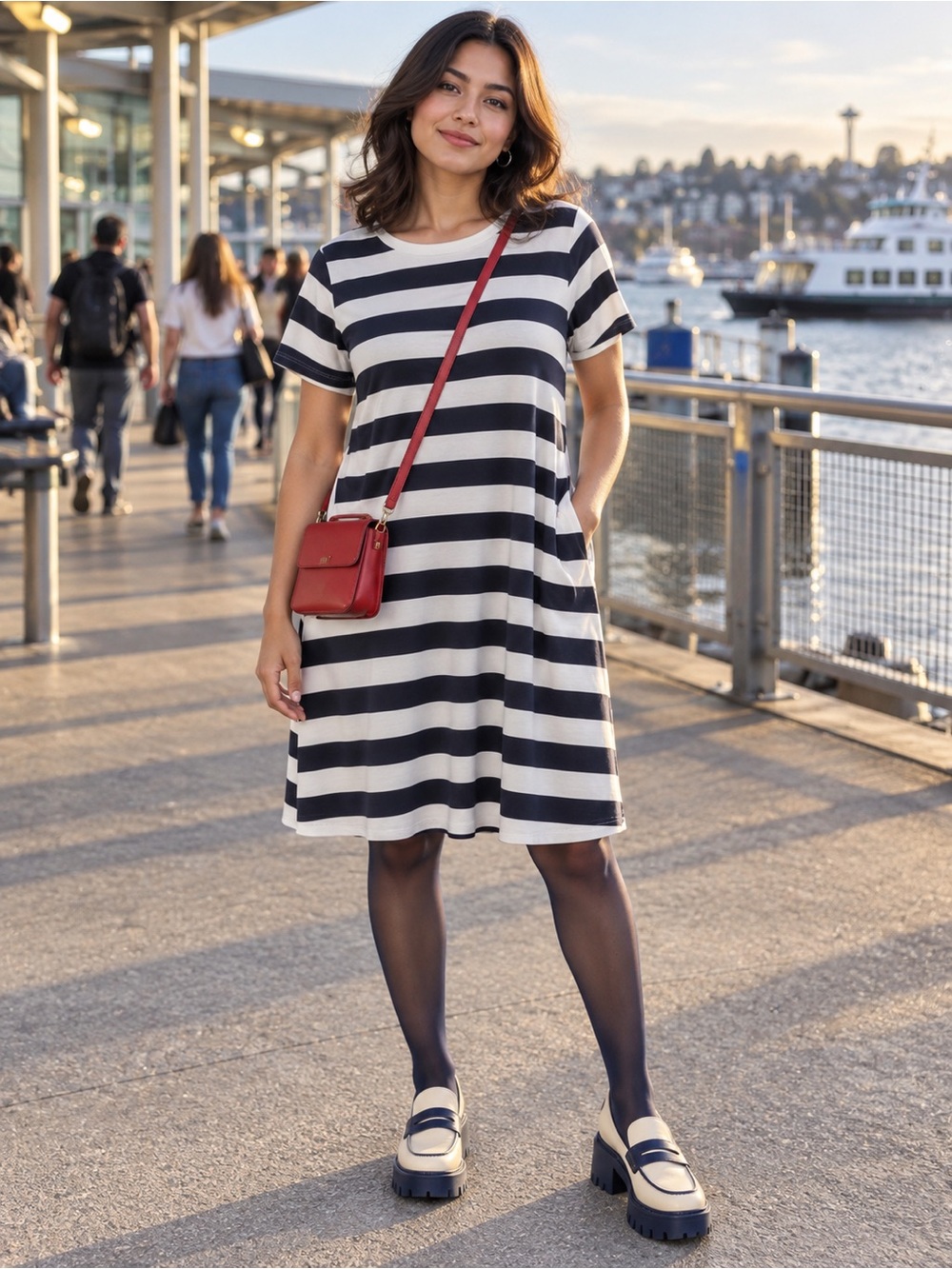 Black & White Striped Short-Sleeve Swing Dress